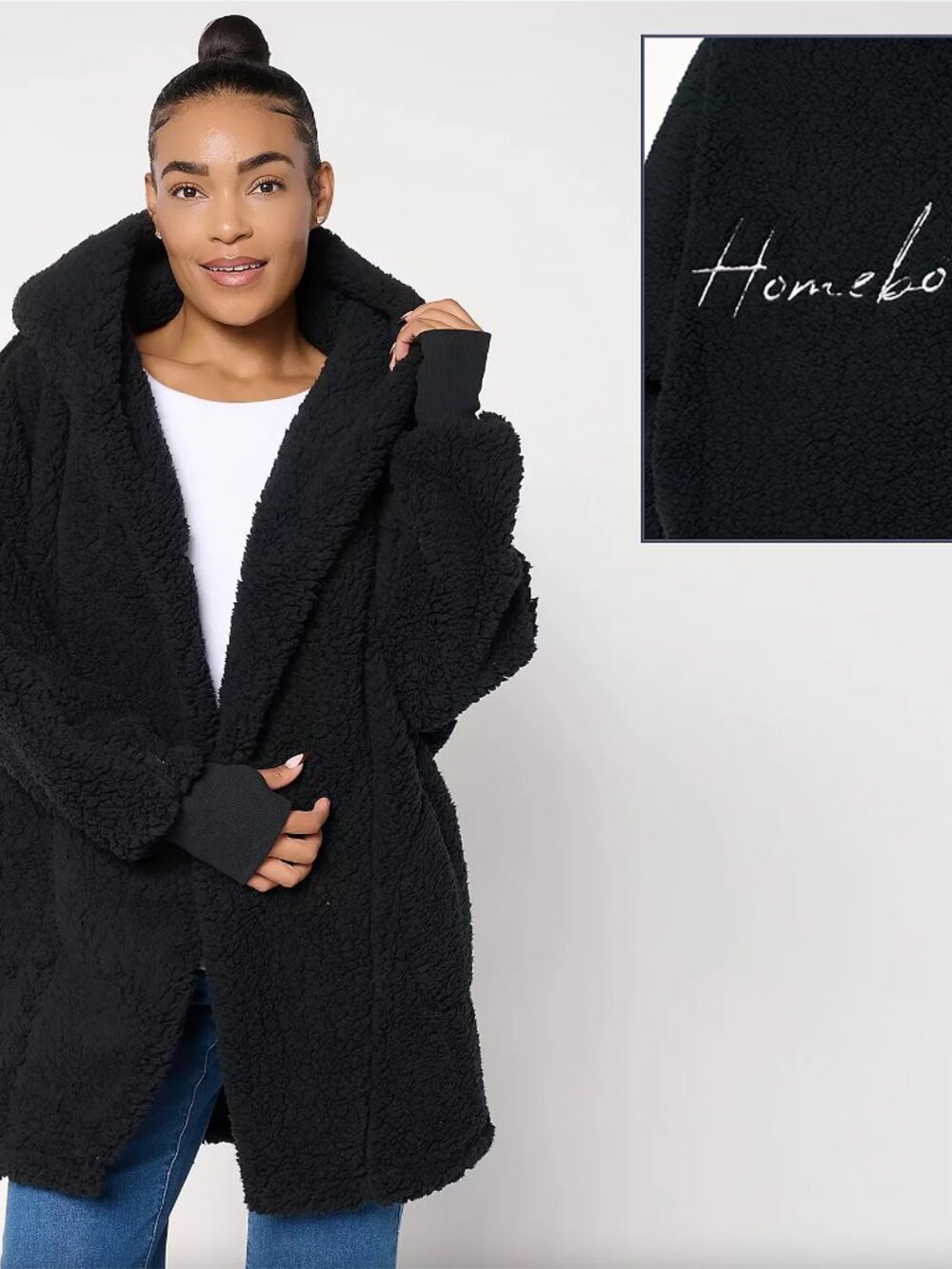 Jill Martin Regular Sherpa Embroidered Hooded Lounger, Blk Sz XL/1X a72860